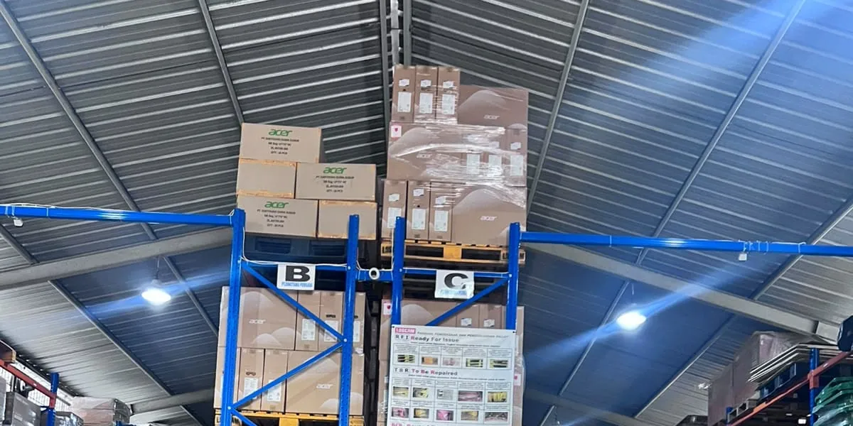 High racking and pallets inside the Jakarta warehouse